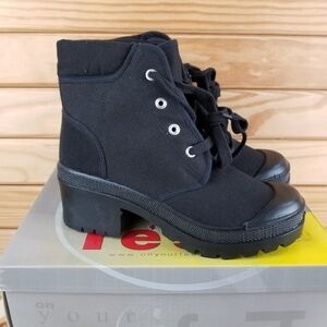 Black Canvas Combat Military Biker Moto Ankle Boots Lace up Women's 6.5M Heeled